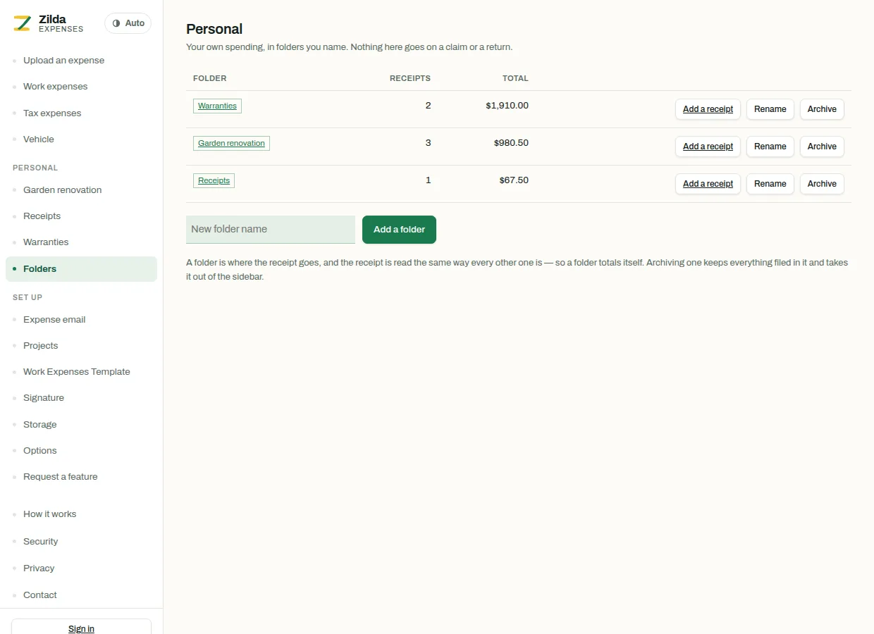 The personal page listing three folders — Warranties, Garden renovation and Receipts — each with how many receipts are in it, its total, and buttons to add a receipt, rename it or archive it, with a field for naming a new folder underneath.