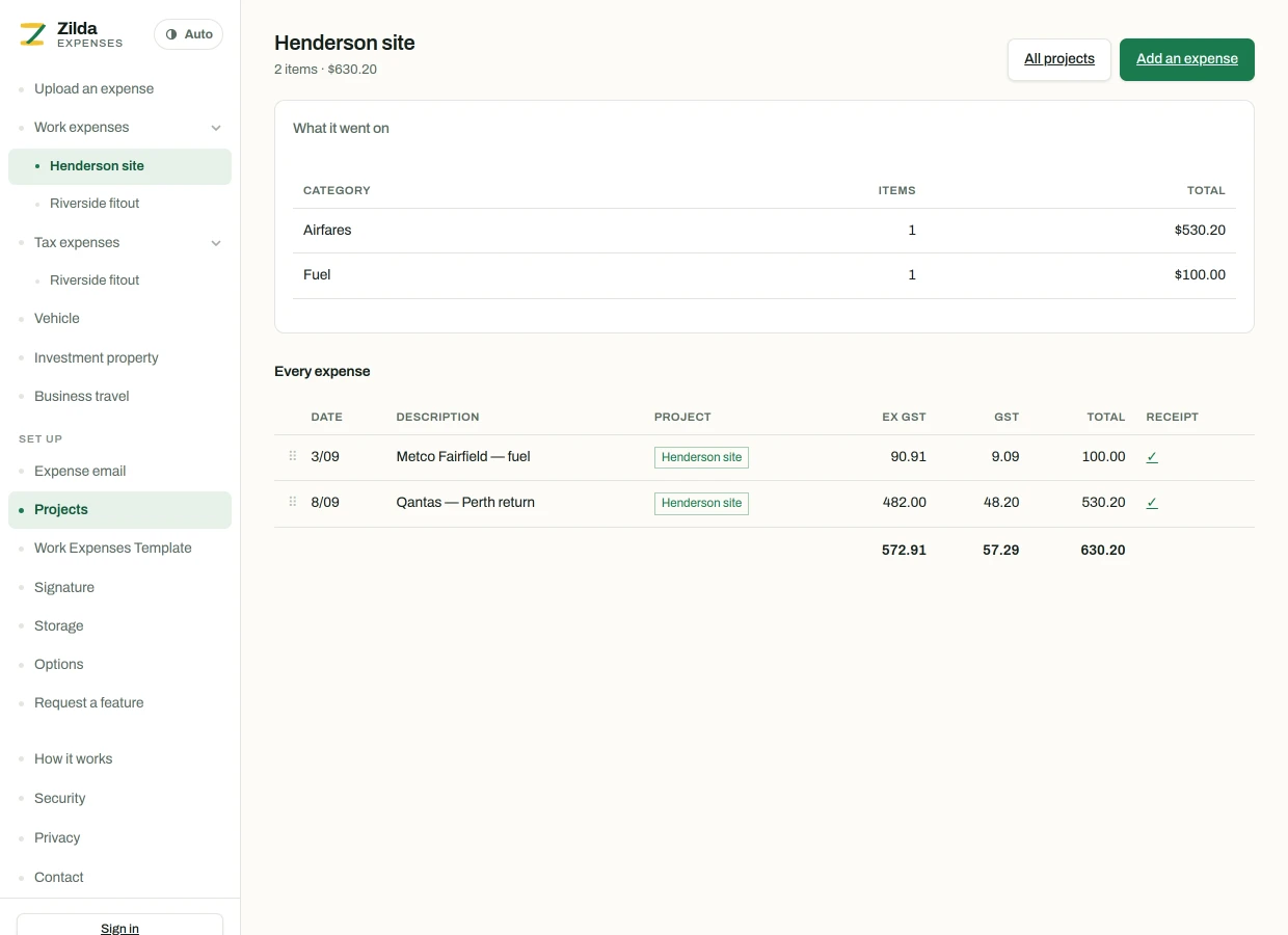 A single project page showing where its costs are filed, what they went on by category, and every expense in the shared table.