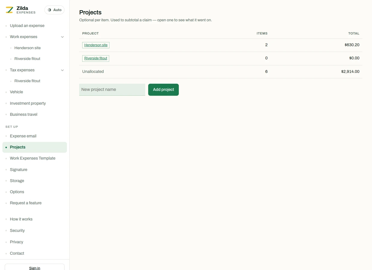 The projects page listing each project with its item count and total.