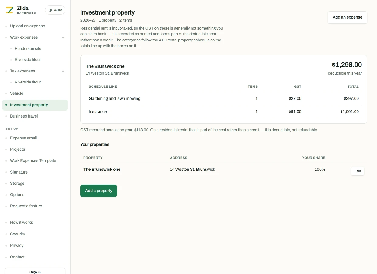 The investment property page for a financial year, showing two properties each with its own schedule of ATO rental lines, item counts, GST and totals — one with a travel line excluded from the deductible figure, the other with capital works excluded and a fifty per cent ownership share applied.