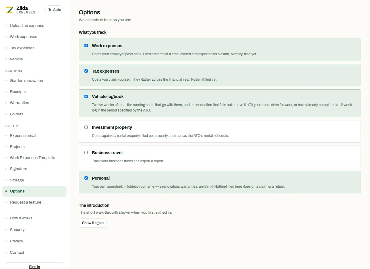 The options page, with switches for work expenses, tax expenses, the vehicle logbook, investment property, business travel and personal, and a button to show the introduction again.
