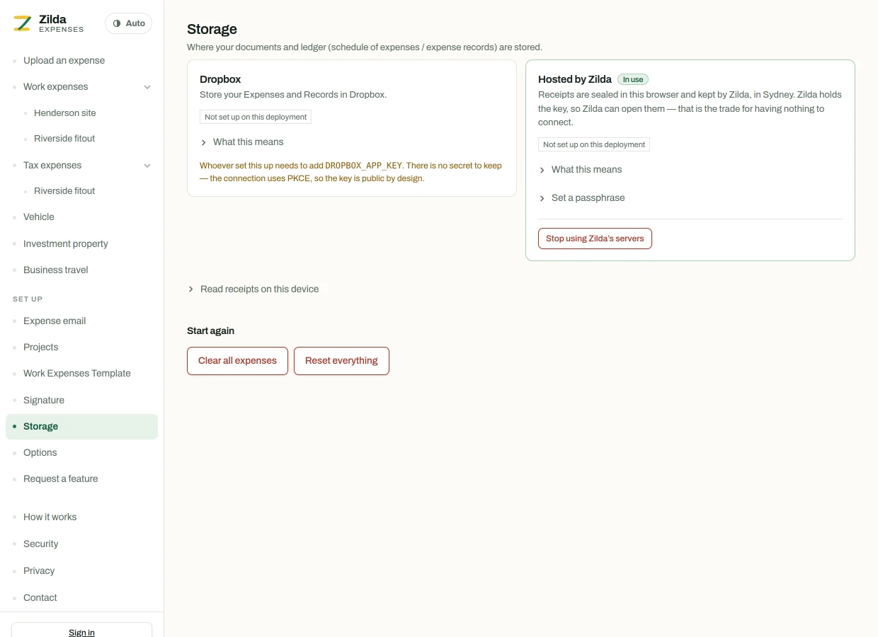The storage page, listing the available backends and which one is connected.
