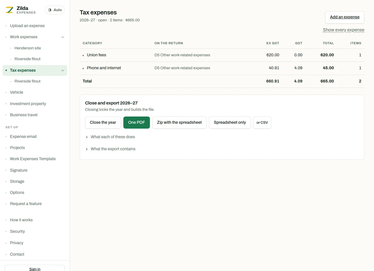 The tax expenses page for a financial year, showing totals grouped by category.