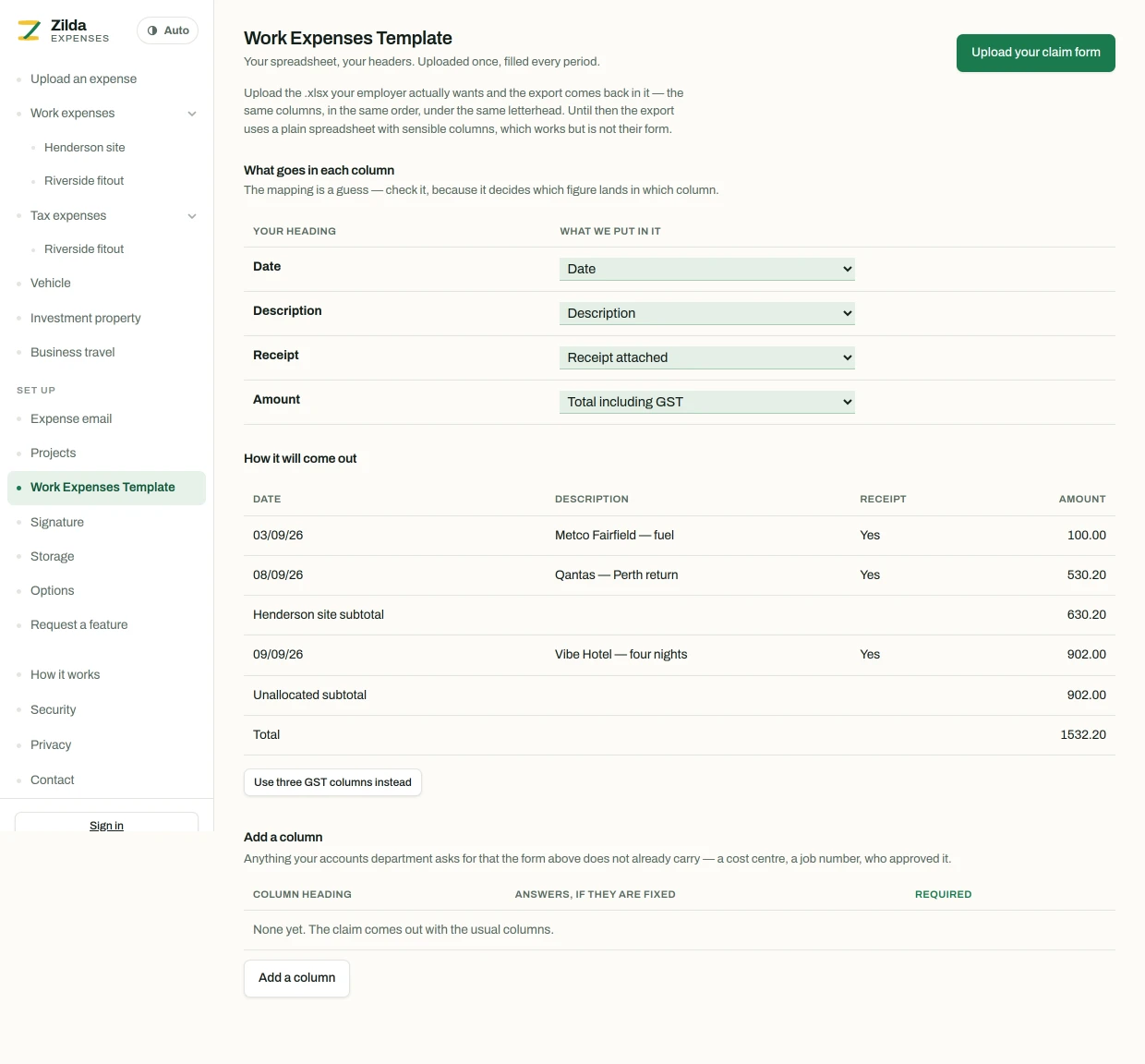 The form templates page, where a claim form is uploaded and its columns mapped.