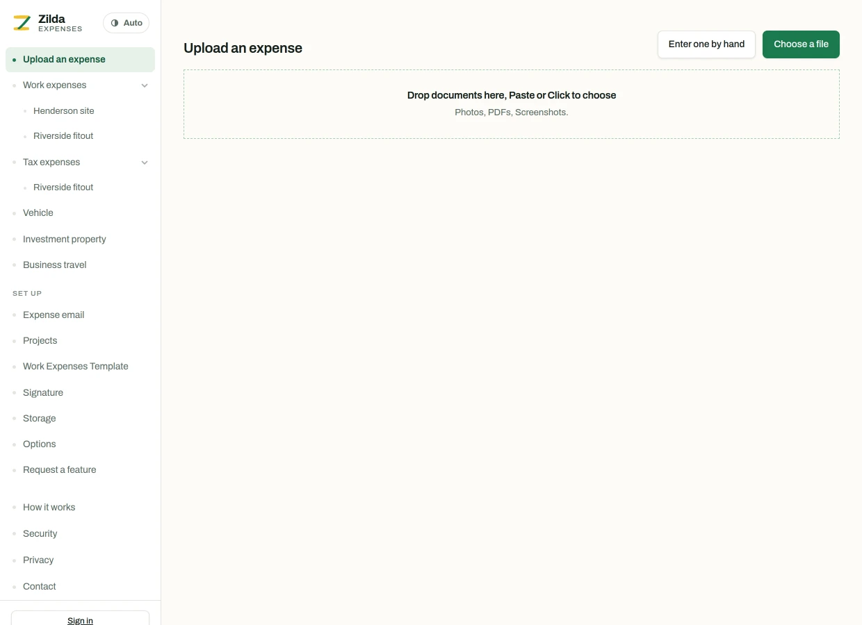 The upload page, with a dashed drop area reading “Drop receipts here, or click to choose”, and buttons for entering an expense by hand or choosing a file.