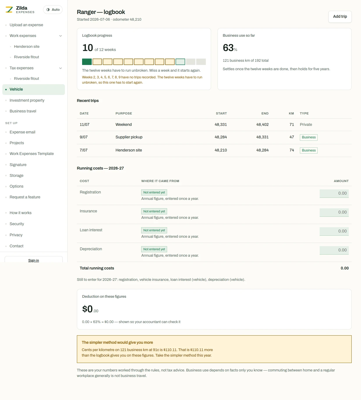 The vehicle page, showing where to add a vehicle and start a logbook.